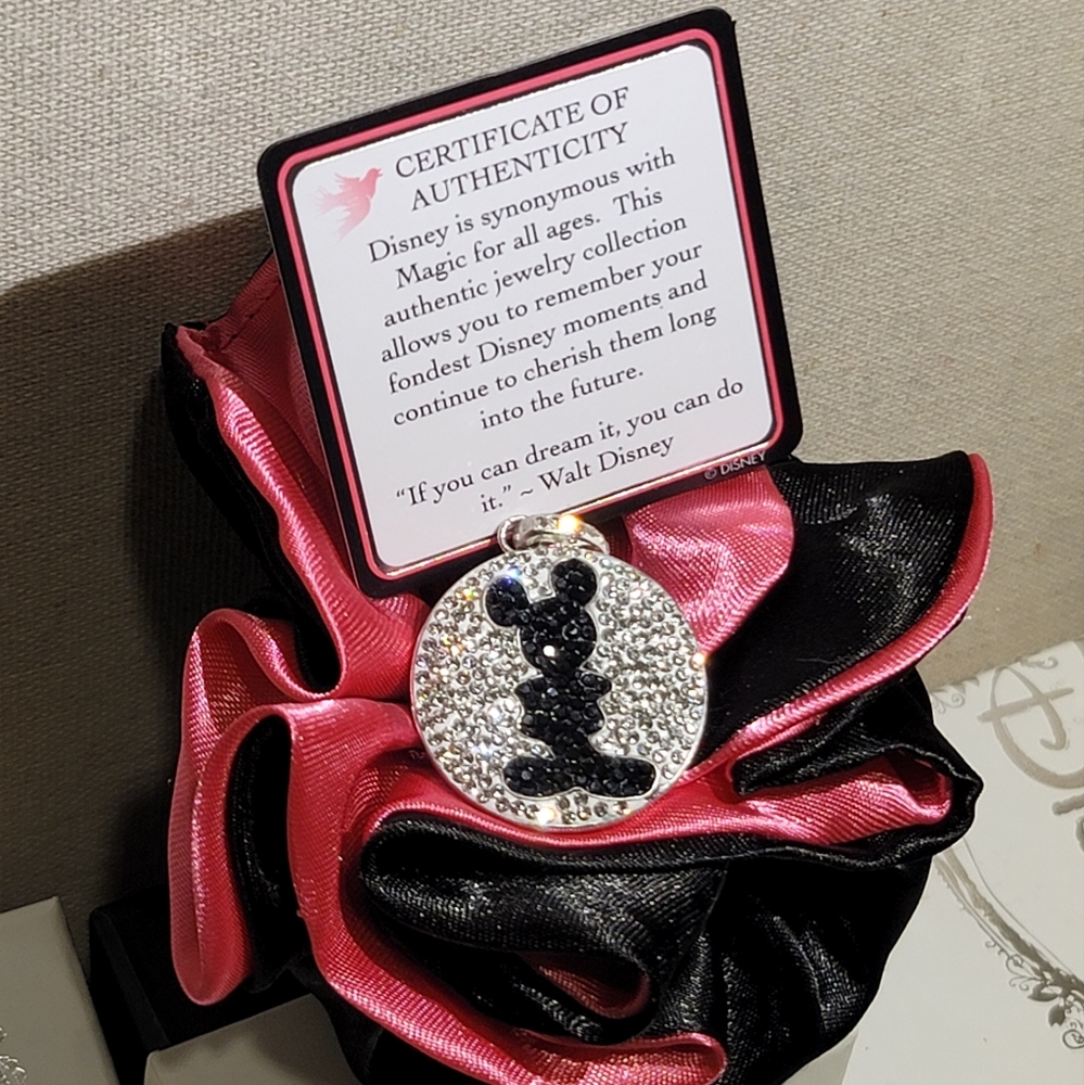 Mickey Mouse Silhouette Stainless Steel w/ Clear & Black Crystals Necklace - Picture 4 of 5